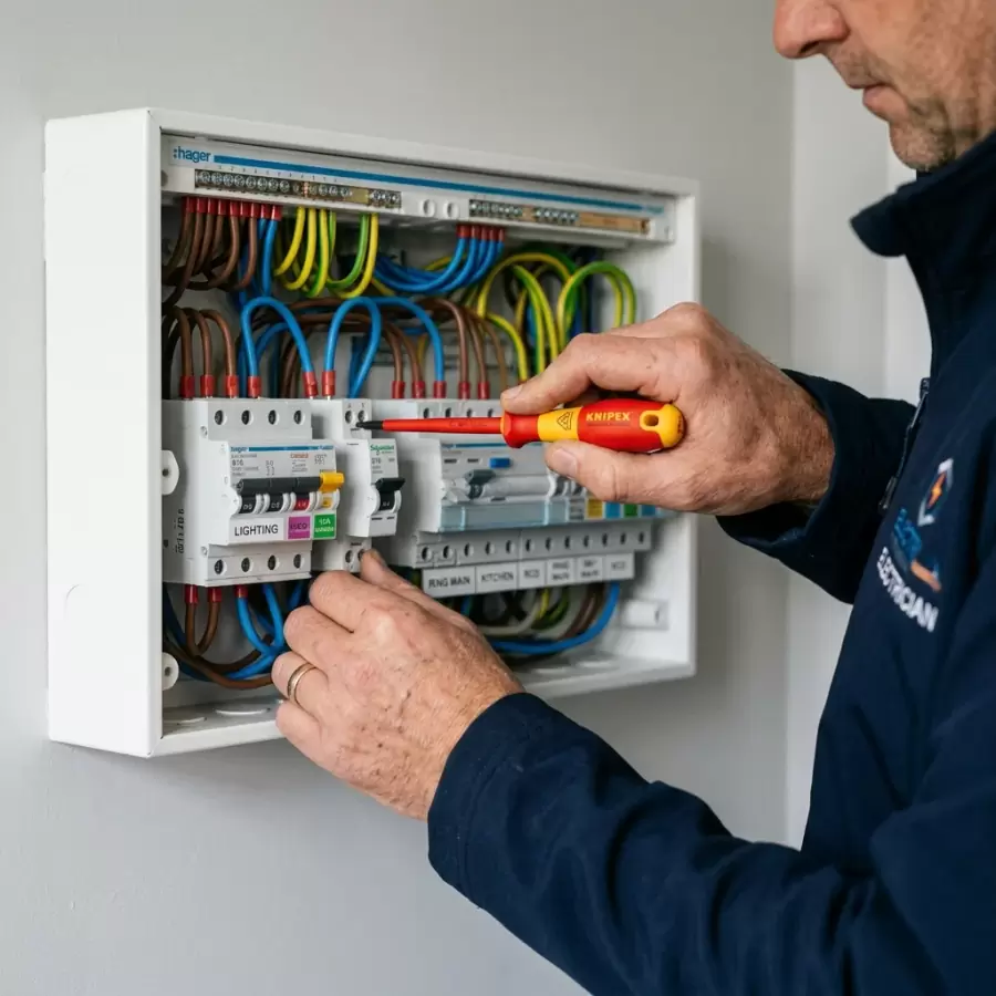 Cuadro eléctrico abierto con el cableado de los circuitos a la vista